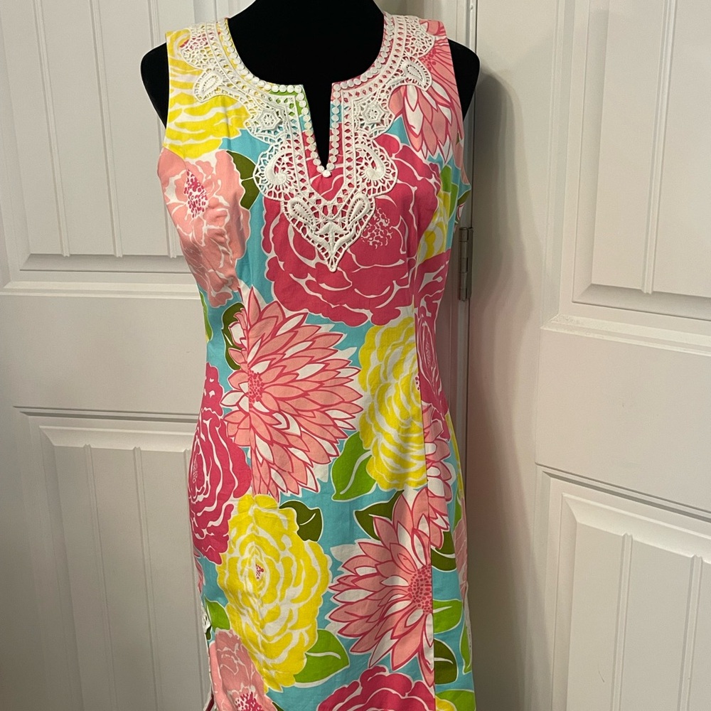 Lilly Pulitzer Pink and Yellow Sheath Midi Shift Dress
